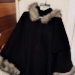 Vintage Blair Black Faux Fur Hooded Button Up Cape One Size Fits All
